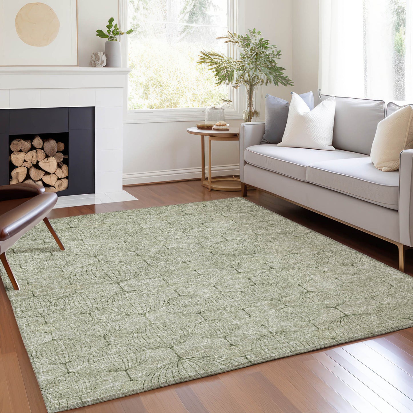 8' X 10' Artichoke Green And Ivory Geometric Washable Indoor Outdoor Area Rug