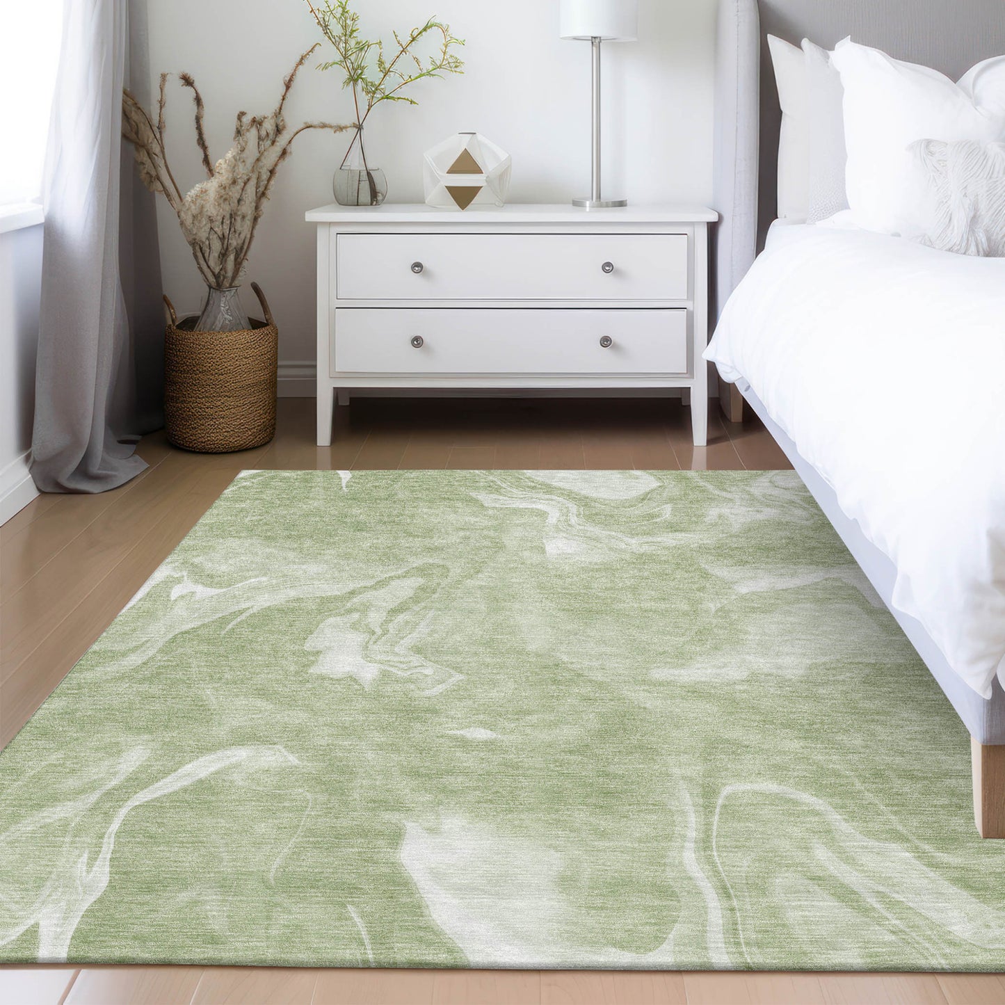 9' X 12' Artichoke Green Fern Green And Ivory Abstract Washable Indoor Outdoor Area Rug
