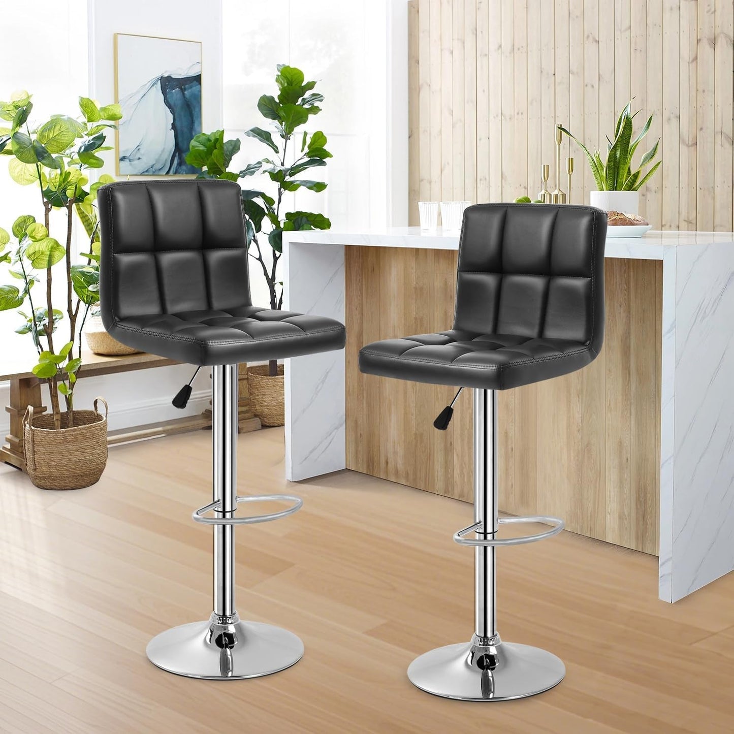 Counter Height Swivel Bar Stools PU Leather Padded with Back,Set of 2 Height Adjustable Counter Stool Barstools Dining Chair,Black