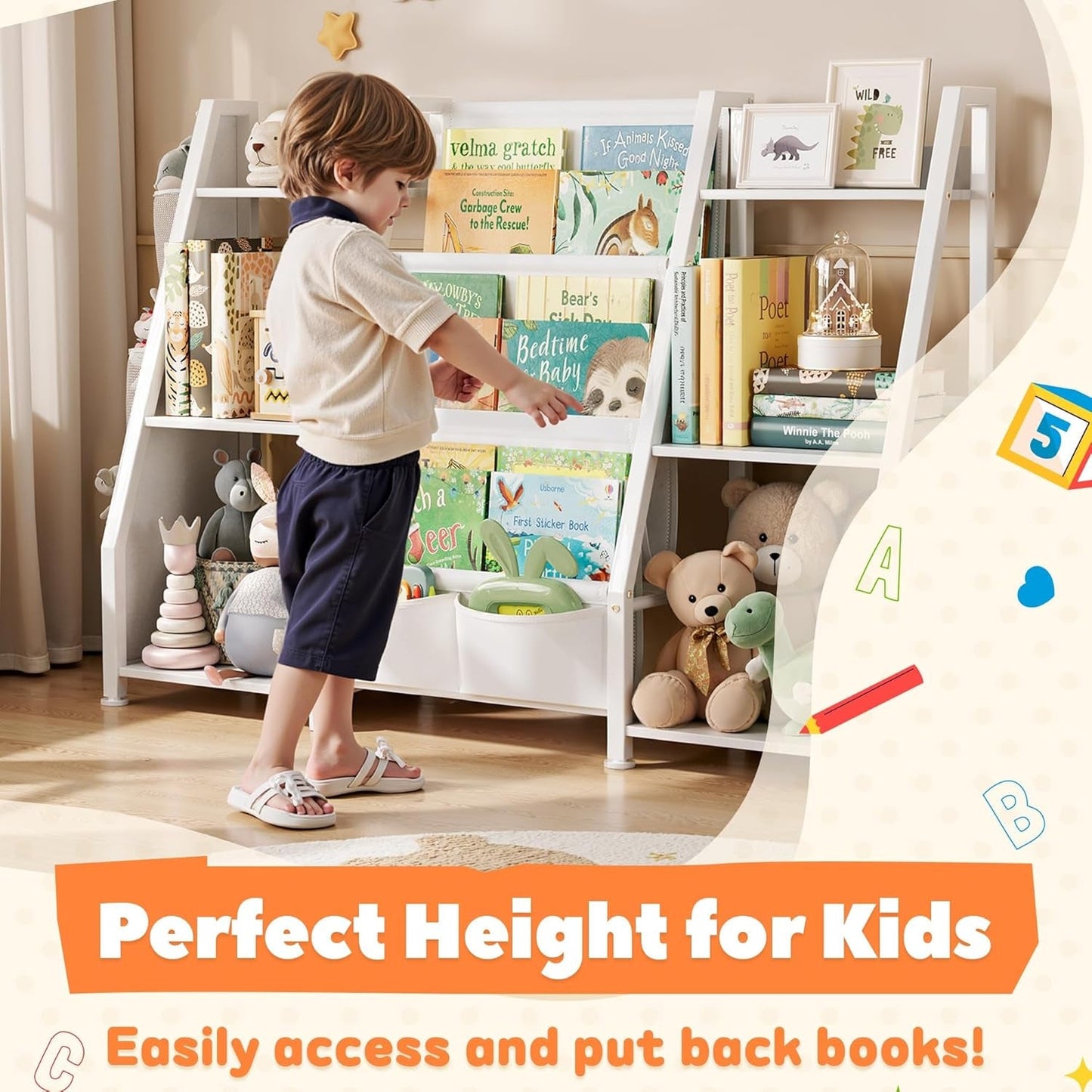 Kids Bookshelf Large Storage Bookcase: 3-Tier Book Sling Shelf Toy Organizer for Toddler - Display Rack with 3 Pockets for Kids Rooms, Bedroom, Playroom, Nursery (White, Wood + Metal)
