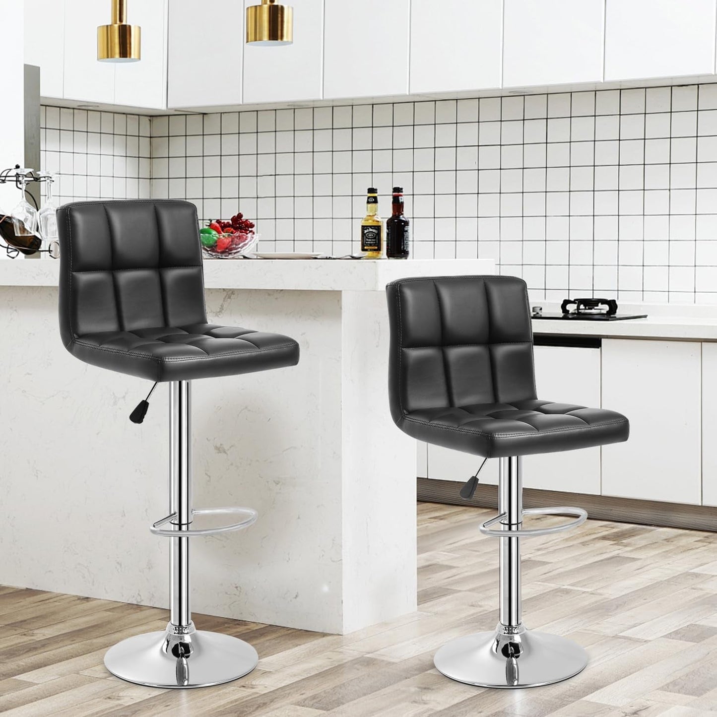 Counter Height Swivel Bar Stools PU Leather Padded with Back,Set of 2 Height Adjustable Counter Stool Barstools Dining Chair,Black