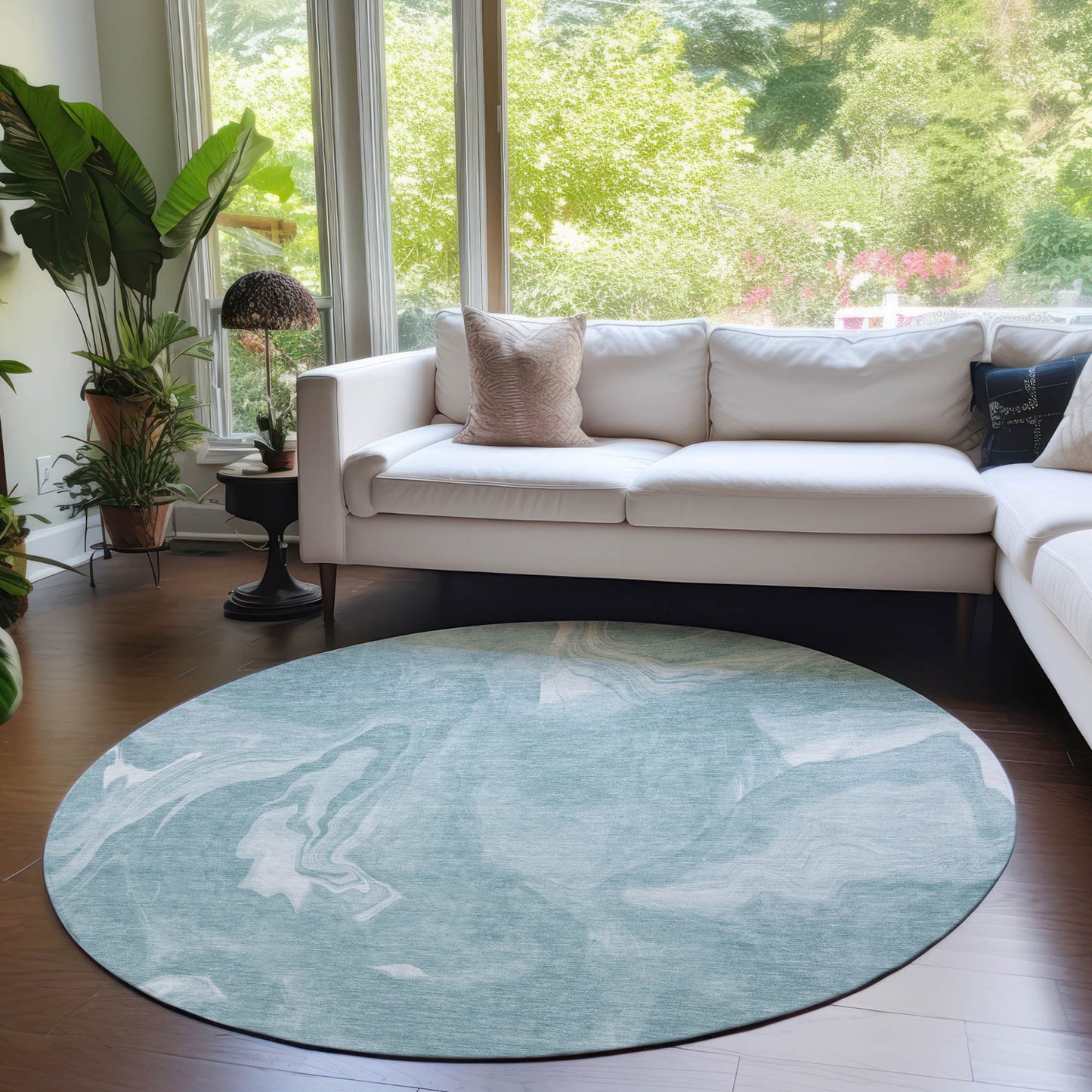 8' Teal Blue And Aqua Round Abstract Washable Indoor Outdoor Area Rug