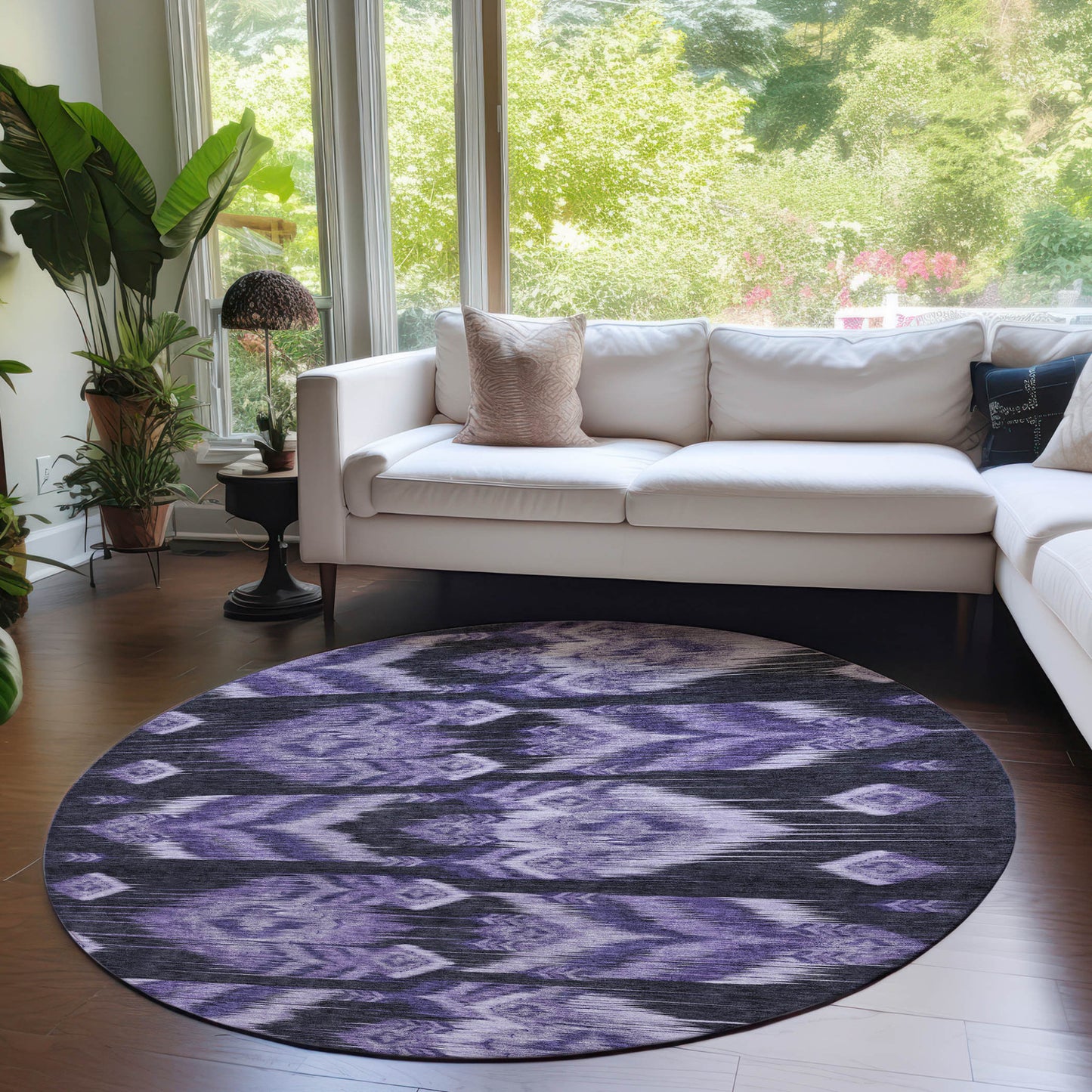 8' Purple Lavender And Plum Round Southwestern Washable Indoor Outdoor Area Rug
