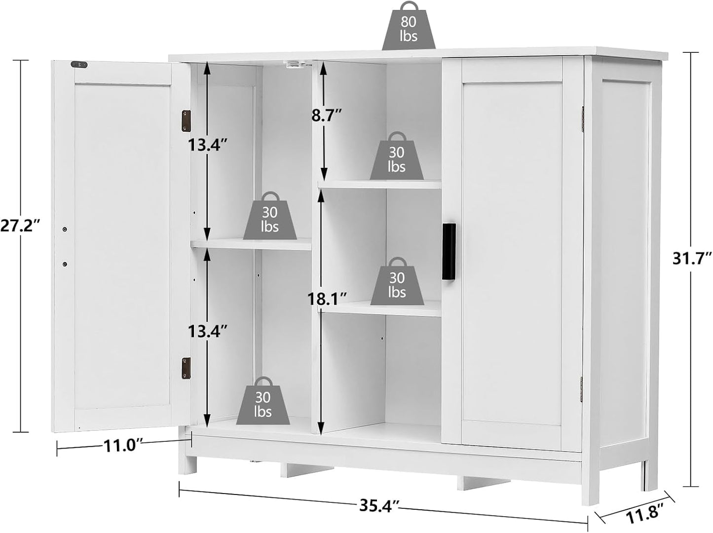 Storage Cabinet with 2 Doors and 4 Storage Shelves, Credenza Buffet Cabinet, Bathroom Cabinet for Living Room, Entryway, Home Office, White