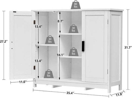 Storage Cabinet with 2 Doors and 4 Storage Shelves, Credenza Buffet Cabinet, Bathroom Cabinet for Living Room, Entryway, Home Office, White