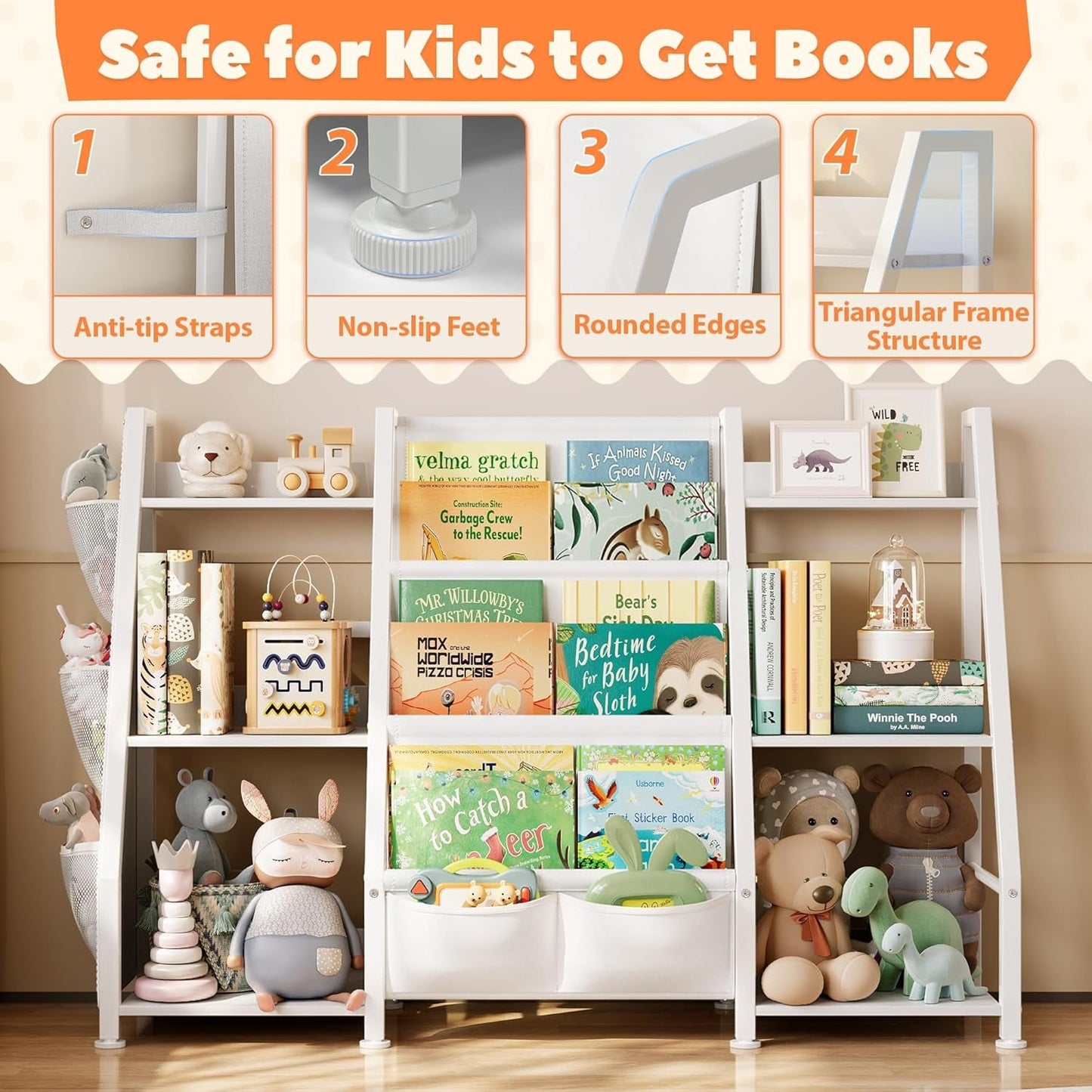 Kids Bookshelf Large Storage Bookcase: 3-Tier Book Sling Shelf Toy Organizer for Toddler - Display Rack with 3 Pockets for Kids Rooms, Bedroom, Playroom, Nursery (White, Wood + Metal)