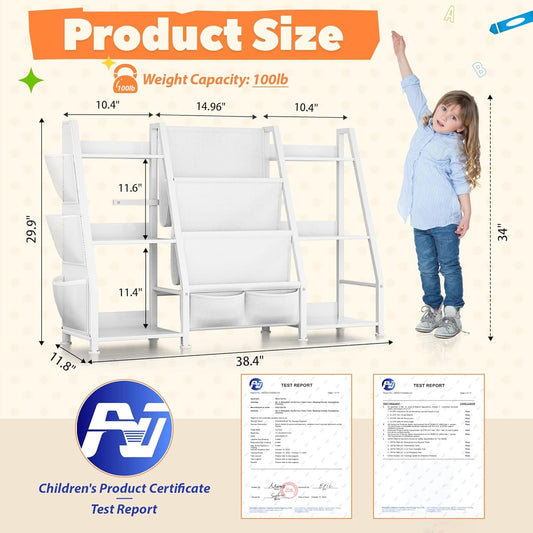 Kids Bookshelf Large Storage Bookcase: 3-Tier Book Sling Shelf Toy Organizer for Toddler - Display Rack with 3 Pockets for Kids Rooms, Bedroom, Playroom, Nursery (White, Wood + Metal)