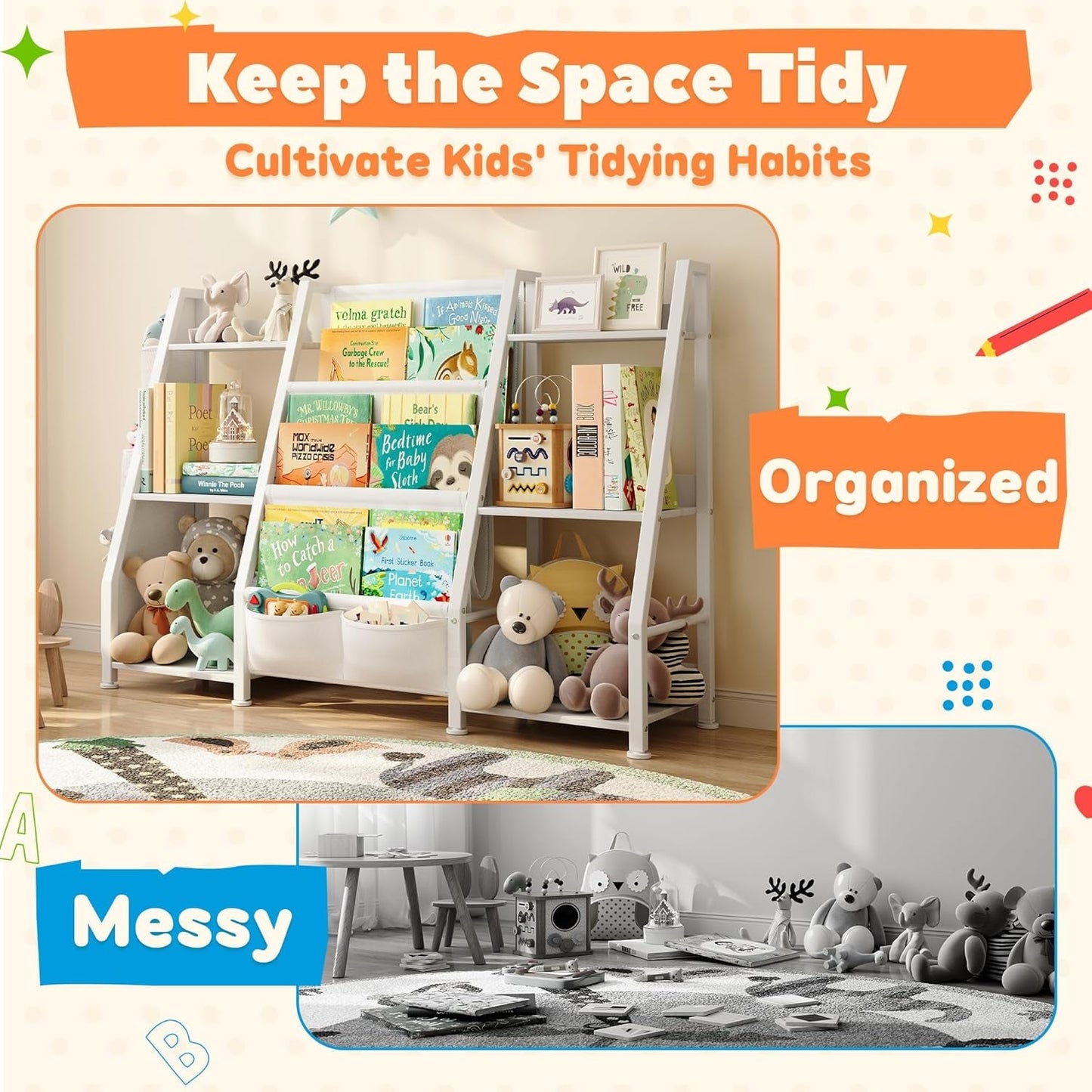Kids Bookshelf Large Storage Bookcase: 3-Tier Book Sling Shelf Toy Organizer for Toddler - Display Rack with 3 Pockets for Kids Rooms, Bedroom, Playroom, Nursery (White, Wood + Metal)