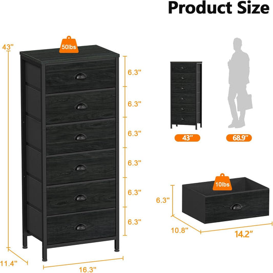 Tall Dresser with 6 Drawers,Vertical Bedside End Table & Chest for Bedroom,Black Storage Tower Dorm Nightstand with Fabric Drawer Organizer Unit Furniture in Living Room,Closet,Hallyway